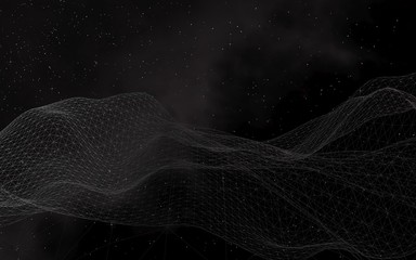Black abstract background. Hi tech network. Cyberspace grid. Outer space. Starry outer space texture. 3D illustration
