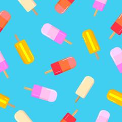 Bright and yummy ice creams with different fruit tasties on blue background. Seamless fresh summer pattern.