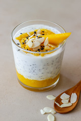 Yogurt in a glass with mango, chia and almonds. Healthy eating. Vegetarian food. Recipe. Breakfast. Diet.