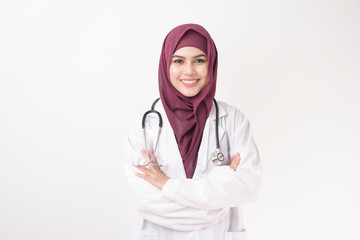 Beautiful woman doctor with hijab portrait on white background