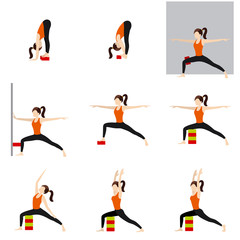 Warrior and forward fold yoga asanas set with props/ Stylized woman practicing standing poses modifications with a wall and blocks