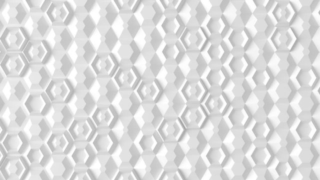 Seamless loop a white wall of many different hexagons manifests gradually from a flat white wall.3D render.