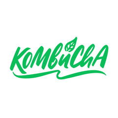 Kombucha hand written vector logo. Kombucha healthy fermented probiotic tea
