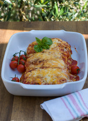 homemade lasagna presented in a vol and served on the table