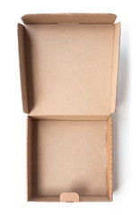 Open cardboard box in beige color isolated on a white background with natural shadow, top view. Can be used to display your products, gifts.
