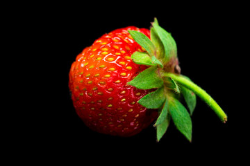 fresh red strawberries isolated on a black background, fresh from the garden