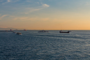 Ships in the Bosphorus at sunset. Turkey