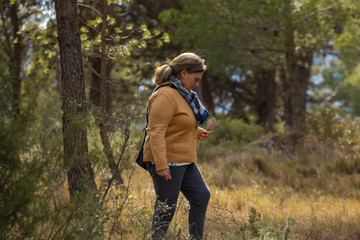 Naklejka premium Senior woman walks looking for thyme and fragrant plants through the Santuario de Misericordia, near Borja, in the province of Zaragoza, Spain.