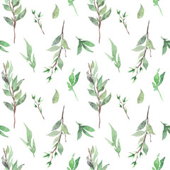 Watercolor seamless pattern with green young leaves