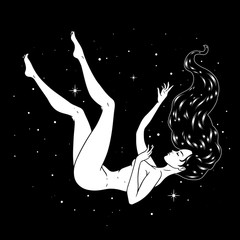 Beautiful girl floating through space, stars background, esoteric theme. Vector illustration