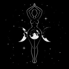 Triple Goddess, beautiful woman figure respresenting moon cycles, Wiccan traditional symbol. Vector illustration © paw