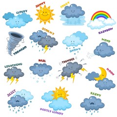 Set of icons for children with different weather. Image of the sun, clouds, rain, month, thunder, wind, hail, snow, lightning and tornado.