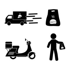 Food delivery service vector icon set, truck, paper bag package, motorcycle and person delivering vector icons