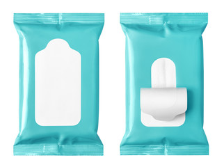 Set of cyan wet wipes flow packs, isolated on white background