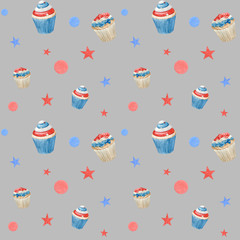 Watercolor Seamless pattern Fourth of July with cupcakes and sticks
