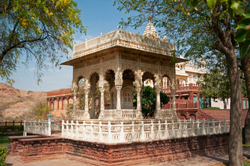 Marble Chatri part of  Jaswant Thada Mausoleum memorial to Maharaja Jaswant Singh, Jodhpur, Rajasthan, India