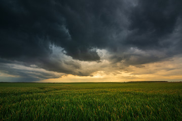 Storm clouds , dramatic dark sky over the rural field landscape - 350206199