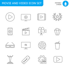 Movie and video thin line icon set