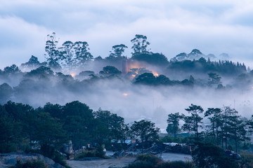 Mountains in fog at beautiful morning in autumn. Landscape with Langbiang mountain valley, low clouds, forest, colorful sky , city illumination at dusk.