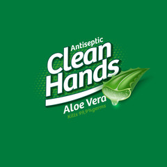Clean Hands Antiseptic logo with Aloe Vera. Sanitizer, antiseptic and virus protection for hands and body. Glossy letters and leaf of Aloe Vera.