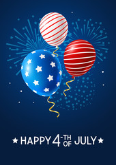 Independence day greeting card with color balloons and fireworks on  night sky background