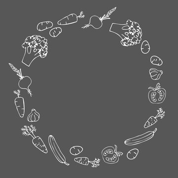 Round Frame of Vegetables. White linear pattern on dark gray background. Blank template for logo. Circle composition from vegetables. Chalk drawing on black board