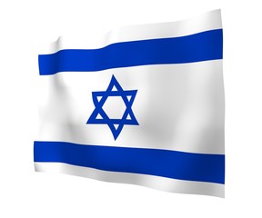 The flag of Israel. State symbol of the State of Israel. A blue Star of David between two horizontal blue stripes on a white field. 3d illustration