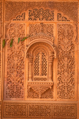 Fototapeta na wymiar Carved sandstome window, Mandir Palace, residence of the rulers of Jaisalmer for 2 centuries, Jaisalmer, Rajasthan, India