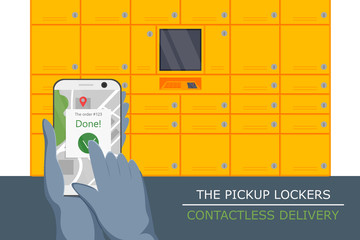 Vector illustration of pickup locker service. Flat concept design of contactless delivery. Non-contact express logistic service in quarantine. Courier putting location in phone for pick up purchase