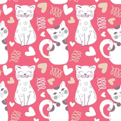 Stof per meter Schattige katten en harten met doodle elementen, naadloos vectorpatroon © GVGraphics