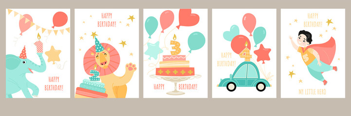 A set of birthday cards for a boy's birthday with a cute cartoon superhero, little animals, a car and cakes with candles