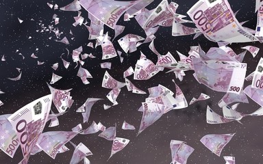Flying euro banknotes on a outer space starry background. Money flying in the outer space. 500 EURO in color. 3D illustration