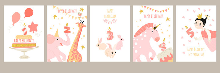 Set of birthday cards for girls with cute cartoon characters, animals, cakes with candles and decorations in pink.