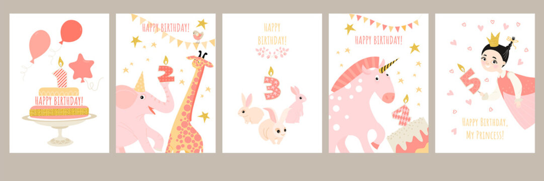 Set of birthday cards for girls with cute cartoon characters, animals, cakes with candles and decorations in pink.