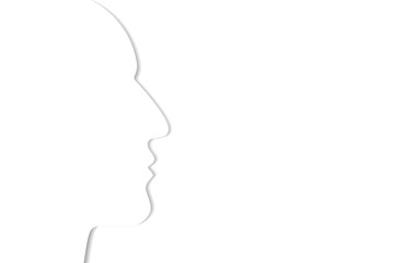 Human head profile sketch silhouette 3D in white color with delicate shadow outline similar to paper cut line blending with the white background. Vector illustration.