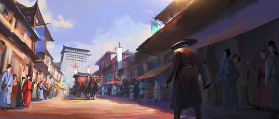 The scene of an assassin walking on an ancient street. © liuzishan