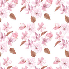 Pink watercolor flowers. Spring flowering - watercolor illustration. Seamless pattern. 