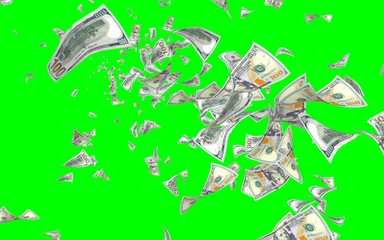 Flying dollars banknotes isolated on chromakey. Money is flying in the air. 100 US banknotes new sample. 3D illustration