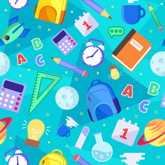 Vector seamless pattern in cartoon style with school objects. Pattern with a globe, books, rulers, pencils, buttons and other objects. Back to school. Conceptual background