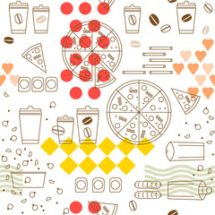 Seamless pattern with street food and bright ornaments. Pizza, coffee, hot dog and other meal. Linear drawing.