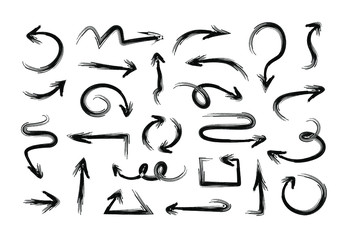 Set of different grunge brush arrows. Hand drawn ink pointers,  collection of paint objects for creative design. Vector illustration