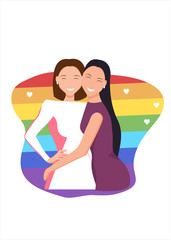 LGBT community, two female adults hugging on a rainbow background, love is love, human rights