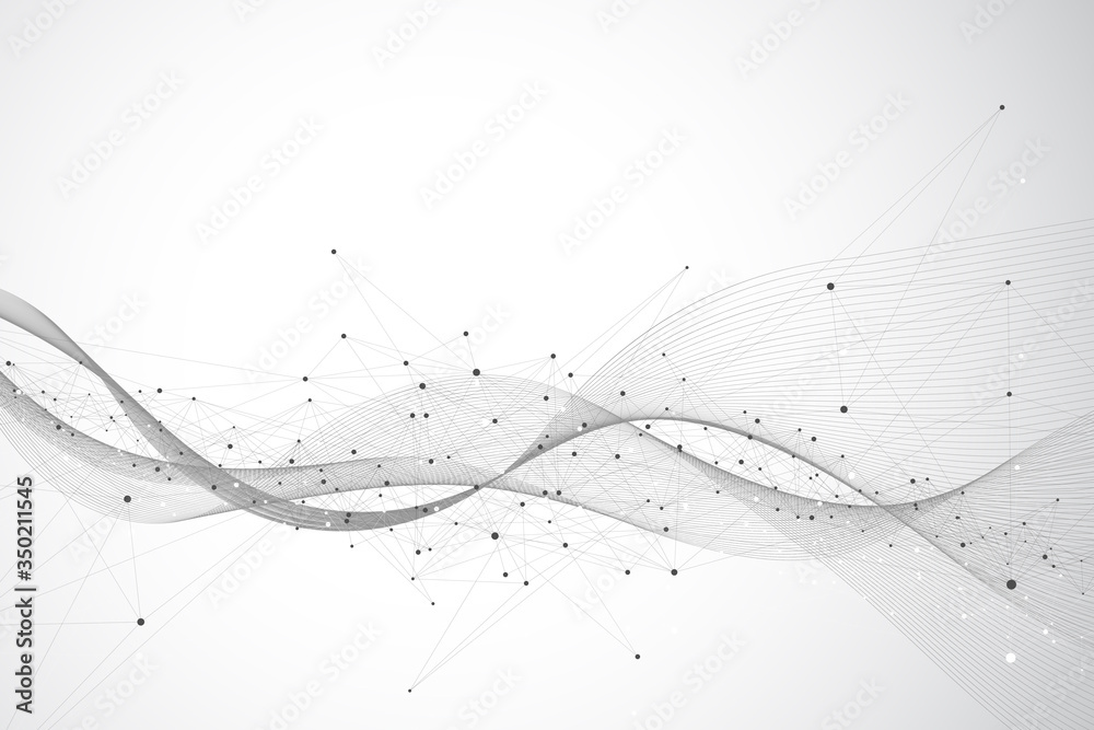 Poster Geometric abstract background with connected line and dots. Network and connection background for your presentation. Graphic polygonal background. Wave flow. Scientific vector illustration.