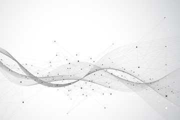 Geometric abstract background with connected line and dots. Network and connection background for your presentation. Graphic polygonal background. Wave flow. Scientific vector illustration.
