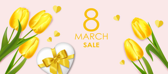 Realistic yelow tulips and gift, hello spring, womens day, 8 march beautiful flowers, spring card vector, sale banner, floral background