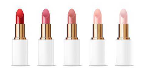 Fototapeta premium Realistic lipstick package set, make-up banner, lipstick collection color, beauty and cosmetics background, packaging mochup gold and white design vector