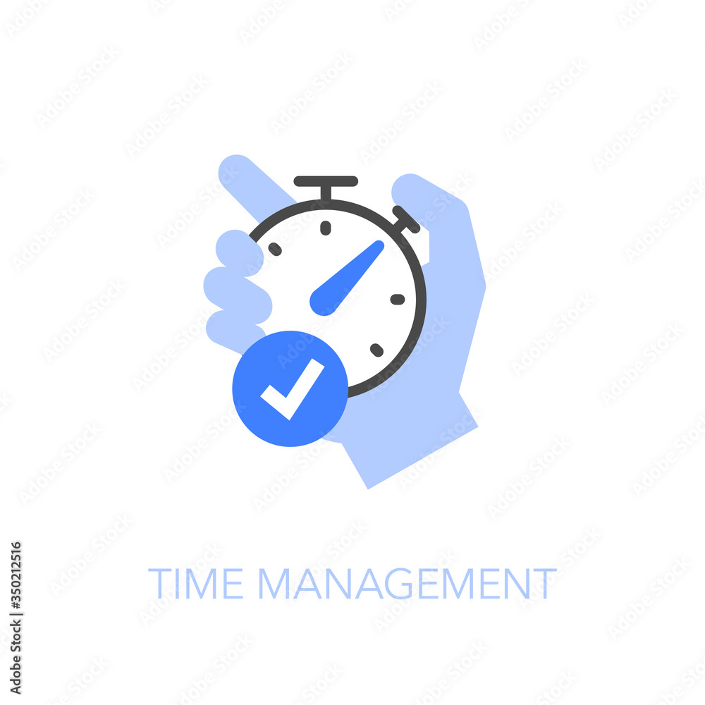 Poster Time management symbol with a human hand holding a stopwatch and check mark. Easy to use for your website or presentation.