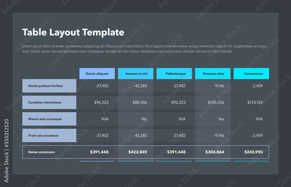 Poster Modern business table layout template with the total sum row and place for your content - dark version. Flat design, easy to use for your website or presentation.