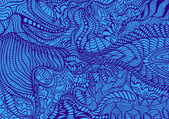 Fototapeta na wymiar Doodle style colorful surreal pattern. Abstract ornament dark blue outline, isolated on blue background.