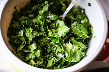 Fresh salad of spinach, green onions, young garlic and parsley